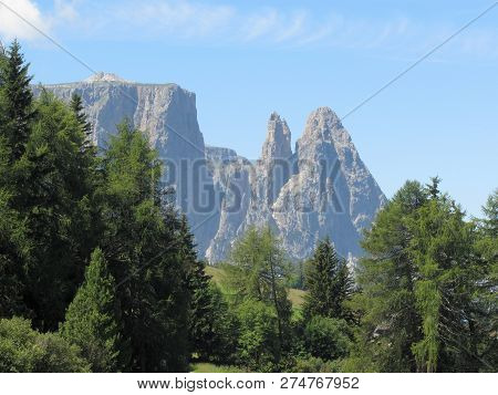 View Of Sciliar One Of The Mountain Peak Of The Italian Dolomites Against The Blue Sky At Summer . S