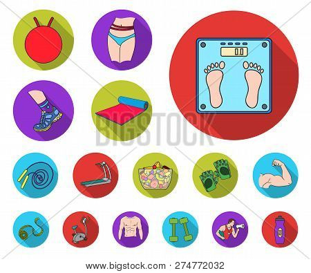 Fitness And Attributes Flat Icons In Set Collection For Design. Fitness Equipment Vector Symbol Stoc