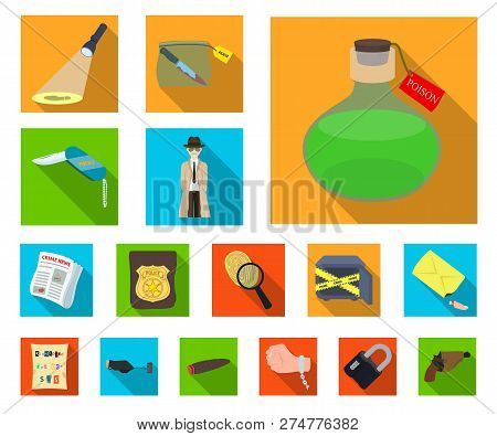 Detective Agency Flat Icons In Set Collection For Design. Crime And Investigation Vector Symbol Stoc