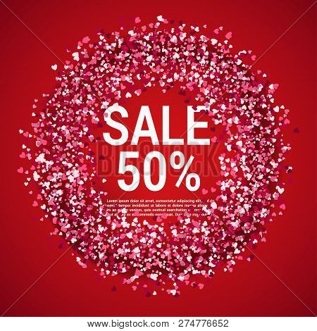 Sale With Valentine Hearts Abstract Composition With 3d Hearts And Bantings. Illustration. Love Lett