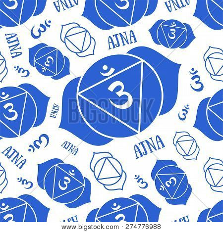 Ajna Chakra Seamless Pattern. Vector Esoteric Background. Hinduism, Buddhism. Line Symbol. Om Sign