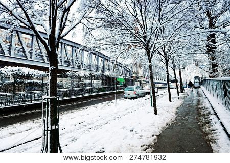 Boulevard De La Villette And Metro Line Under Snow