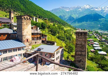 Mestia, Svaneti Region Of Georgia. Summer Day In Svaneti. Ancient Svan Towers In Mountain Village