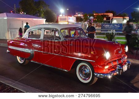 Orlando, Florida.  November 02, 2018. Vintange Red  Car In Saturday Nite Classic Car Show And Cruise
