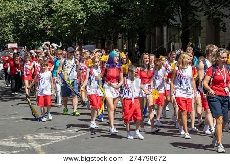 Prague, Czech Republic - July 1, 2018: People Parading At Sokolsky Slet, A Once-every-six-years Gath