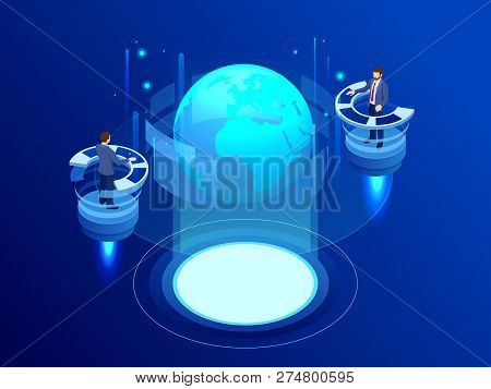 Isometric Global Network Concept. Global Network Planet Earth. Administrator Monitors Work Of Artifi