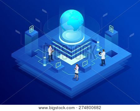 Isometric Global Network Concept. Global Network Planet Earth. Administrator Monitors Work Of Artifi