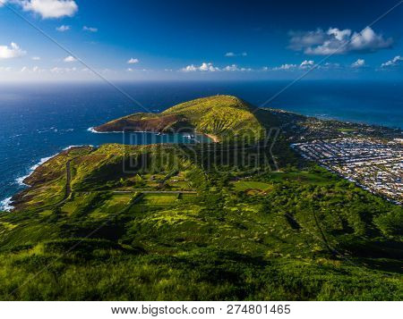 Hanauma bay and hilly terrain of the island of Oahu, view from Koko Head crater, Hawaii
