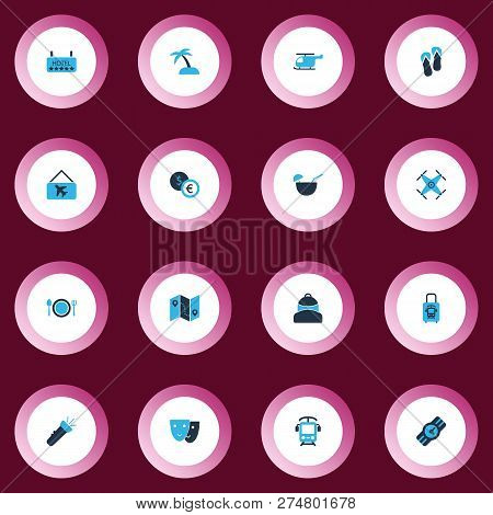 Trip Icons Colored Set With Picture Airplane, Restaurant, Quadrupter And Other Beach Sandal Elements