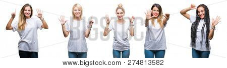 Collage of group of beautiful woman wearing casual white t-shirt over isolated background showing and pointing up with fingers number six while smiling confident and happy.