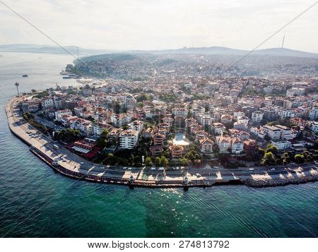 Aerial Drone View Of Istanbul Uskudar Seaside. Cityscape.