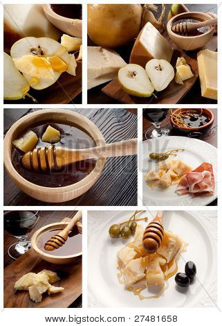 snack collage af ost pære og honning