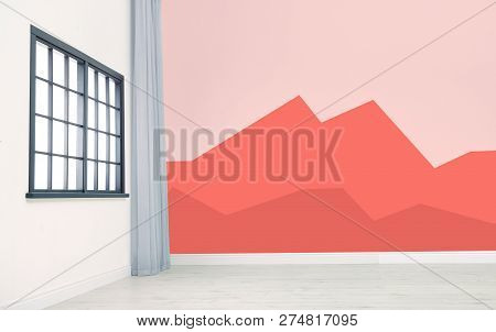 Empty Light Spacious Room. Idea For Renovation And Interior Design With Living Coral Color