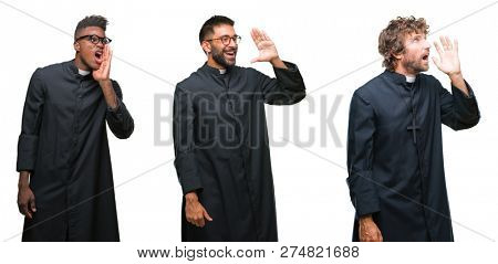 Collage of christian priest men over isolated background shouting and screaming loud to side with hand on mouth. Communication concept.