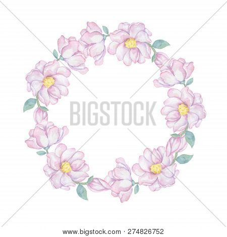 Watercolor Pink Flowers And Leaves Wreath. Hand Drawn Illustration. Circle Clip Art Branch For Celeb