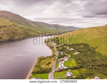 An Aerial View Of The N59, Or Connemara Loop, Near The Village Of Leenaun, Also Leenane, In Northern