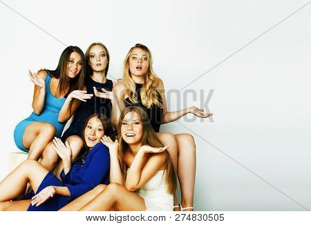 Many Girlfriends Hugging Celebration On White Background, Smilin