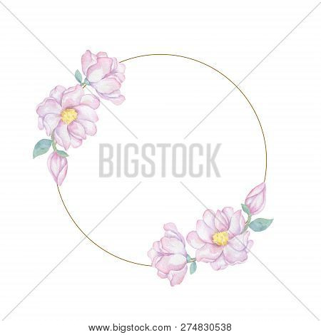 Watercolor Pink Flowers And Leaves Wreath. Hand Drawn Illustration. Circle Clip Art Branch For Celeb