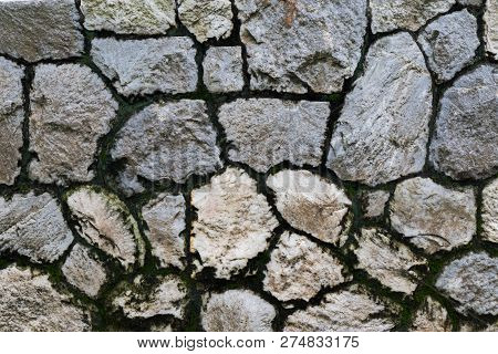 Mossy Stone Wall Texture Close Up In The Park