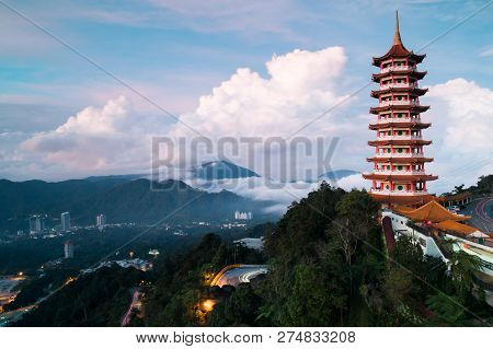 View Of The Pagoda Tower During The Cloudy Morning. Landscape Orientation