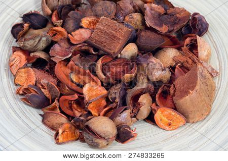 Potpourri In The Wooden Plate. Close Up View.