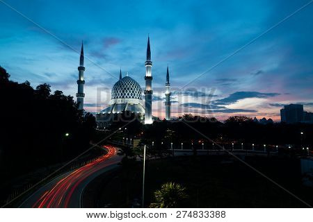 Blue Mosque With Light Trail During Blue Hour In The Morning Before Sunrise