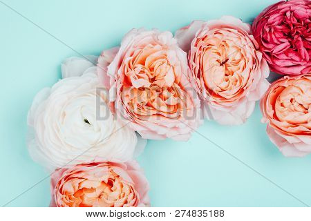 Background Made Of Pink And Orange Beautiful Roses. Ispired By Color Of The Year 2019 - Living Coral
