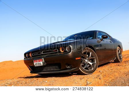 Fujairah, Uae - November 18, 2018: American Muscle Car Dodge Challenger R/t In The Sand Desert.