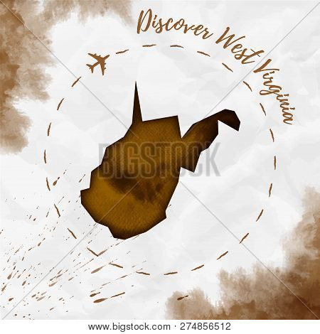 West Virginia Watercolor Us State Map In Sepia Colors. Discover West Virginia Poster With Airplane T