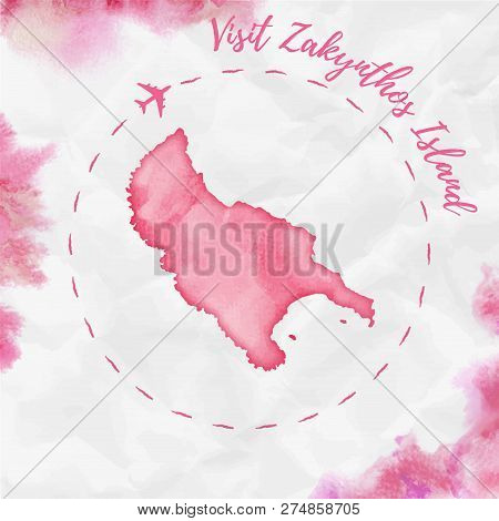 Zakynthos Island Watercolor Island Map In Red Colors. Visit Zakynthos Island Poster With Airplane Tr