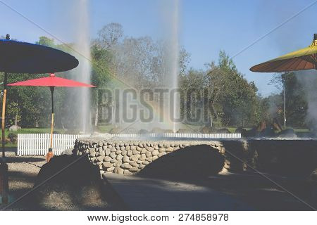 Geyser Eruption. Exploding Hot Spring Geothermal Water