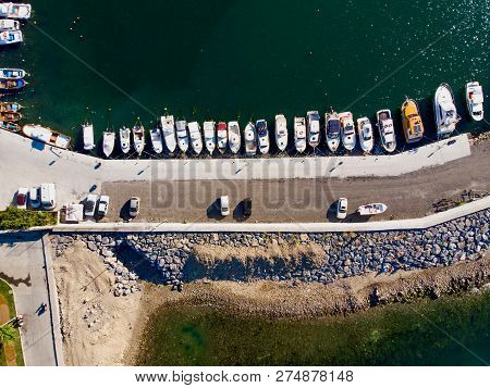 Aerial Drone View Of Marina Pier In Yenikapi Bakirkoy / Istanbul Seaside In Turkey With Boats.