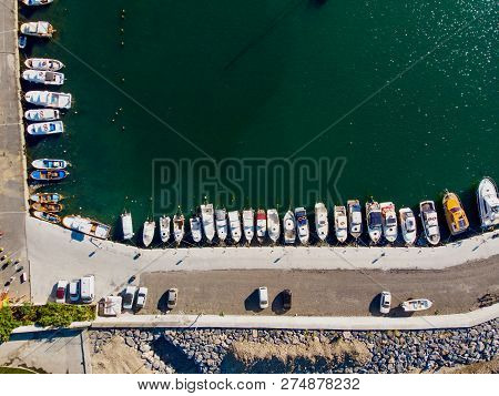 Aerial Drone View Of Marina Pier In Yenikapi Bakirkoy / Istanbul Seaside In Turkey With Boats.