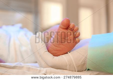 Doctor Holding Newborn Child's Foot In Hospital, Closeup