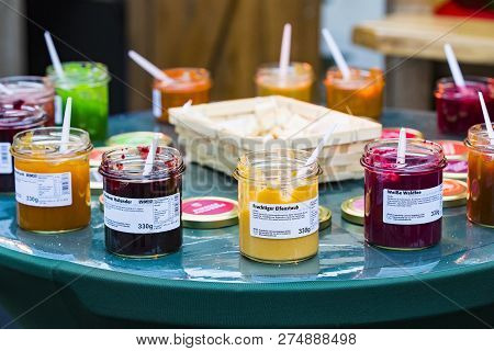 Munich, Germany - November 23, 2018 : Rows Shopping Grocery Market In The Old Part Of Munich, Viktua