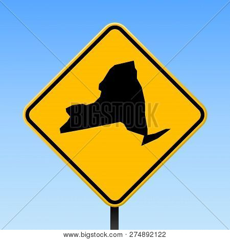New York Map On Road Sign. Square Poster With New York Us State Map On Yellow Rhomb Road Sign. Vecto