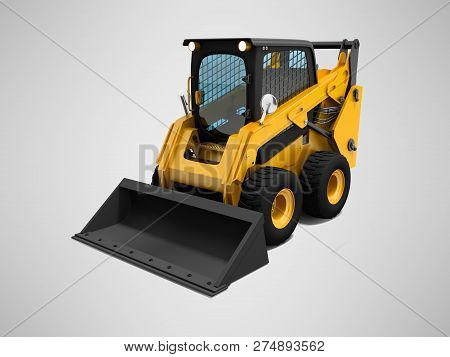 Yellow Mini Loader With Small Bucket 3d Render On Gray Background With Shadow
