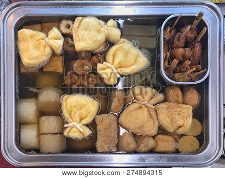 Fresh Several Japanese Boiling Oden On Hot Soup Tray.