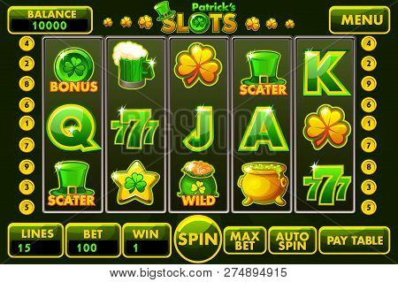 Vector Interface Slot Machine Style St.patrick S In Green Colored. Complete Menu Of Graphical User I