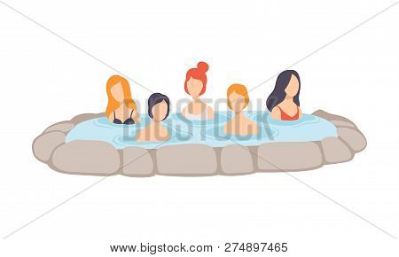 People Enjoying Outdoor Thermal Spring, Men And Women Relaxing In Hot Water In Bath Tub Vector Illus