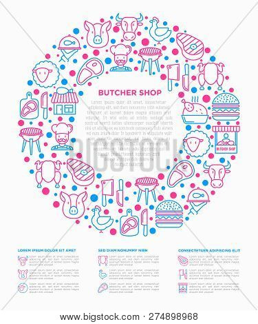 Butcher Shop Concept In Circle With Thin Line Icons: Meat Steak, Beef, Pork, Mutton, Bbq, Chicken, B