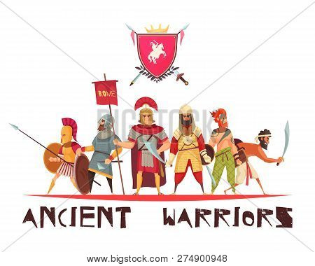 Ancient Warriors Concept With Weapons And Flags Flat Vector Illustration