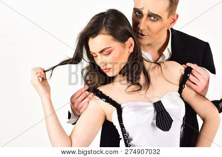 Sensual Enjoyment. Sexy Couple In Love With Mime Makeup. Mime Man Hug Woman With Love Emotions. Thea