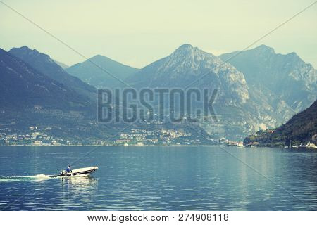 ISEO LAKE, ITALY, 20 OCTOBER, 2018: Yachting on Iseo Lake, Italy, Europe