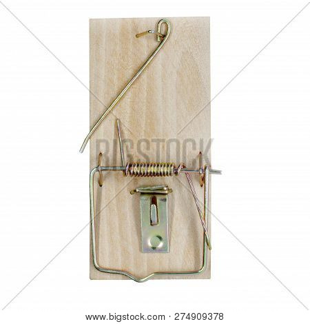 Home Mousetrap For Catching Mice And Small Rodents Pests. Mousetrap From A Wooden Bar And A Metal Br