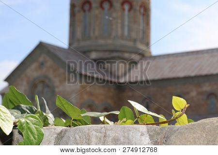 Leaves Before Christian Church In Bodbe In Georgia