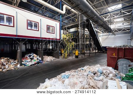 Grodno, Belarus - October 2018: Department Of Manual Waste Sorting At Modern Waste Plant With Convey