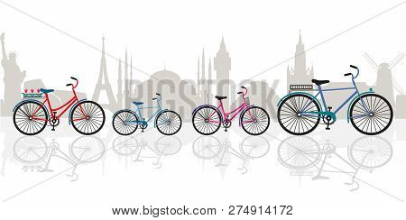 Active Family Vacation. Bicycles Against The Backdrop Of A Panorama Of Architectural Landmarks . Vec