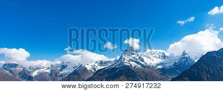 Mont Blanc Is The Highest Mountain In The Alps And The Highest In Europe. Beautiful Panorama Of Euro