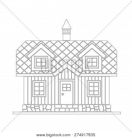 Traditional Wooden House With A Residential Attic. The Roof Is Covered With Multicolored Tiles. Vect